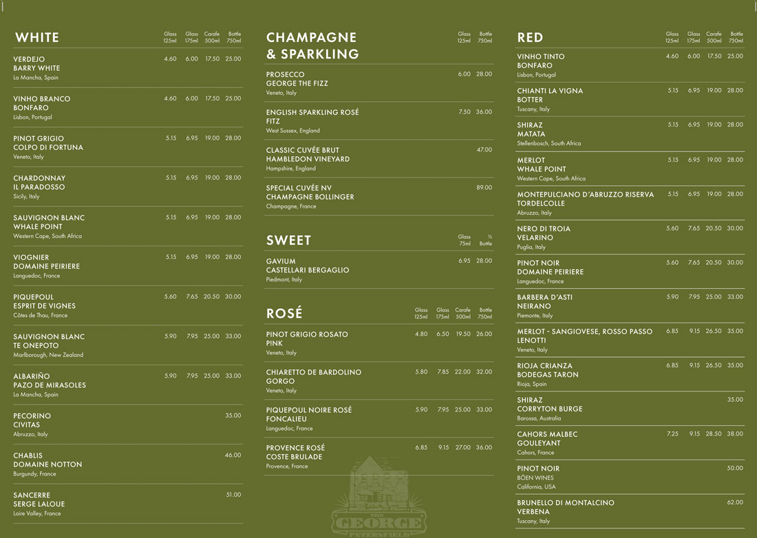 Wine List - The George Petersfield Pizzas - Pubs Petersfield - Pub Restaurant Petersfield - Cask Ales & Excellent Food & Wine - Great Dining